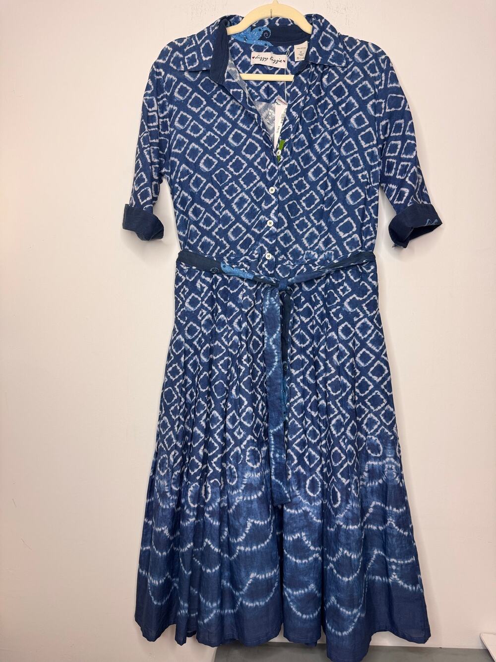 Dizzy-Lizzie Mrs Maisel Dress Medium Navy White Ikat Print NWT $189